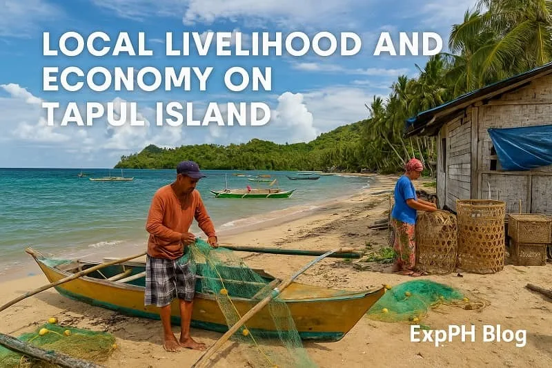A realistic coastal scene on Tapul Island showing a fisherman repairing nets and a woman preparing woven fish traps beside a stilt house, with the ExpPH Blog logo.