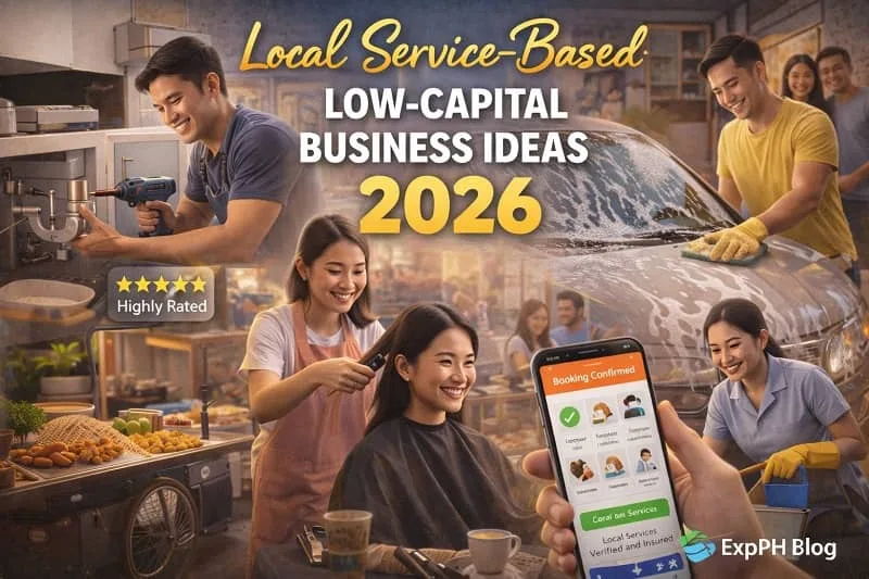 Local service-based low capital business ideas 2026 showing Filipino entrepreneurs offering cleaning, car wash, hairdressing, and repair services with minimal startup costs.