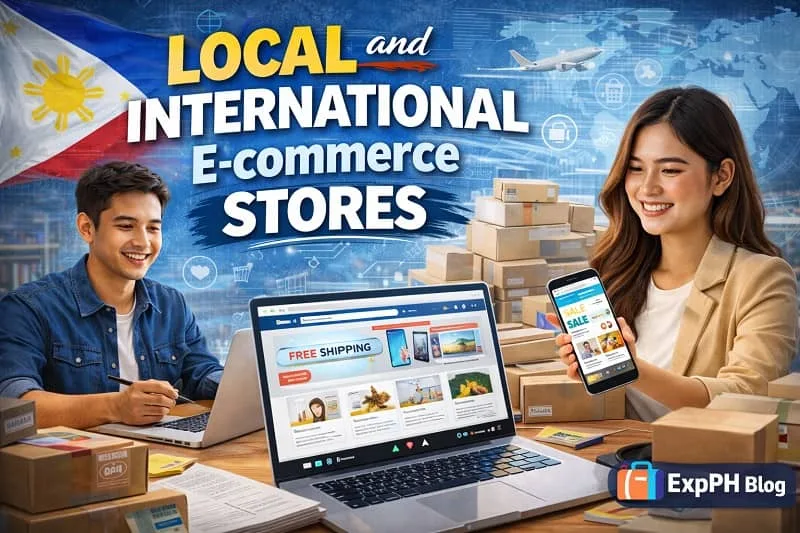 Filipino entrepreneurs managing local and international e-commerce stores using a laptop and smartphone with shipping boxes around them, with ExpPH Blog logo.