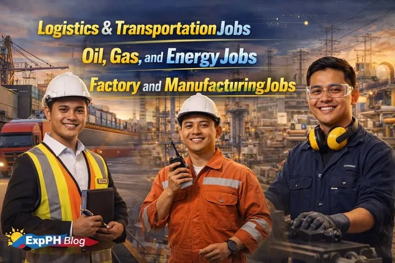 Filipino workers in logistics, oil and gas, and factory manufacturing industries standing at industrial and transportation sites with ExpPH Blog logo and job titles displayed.