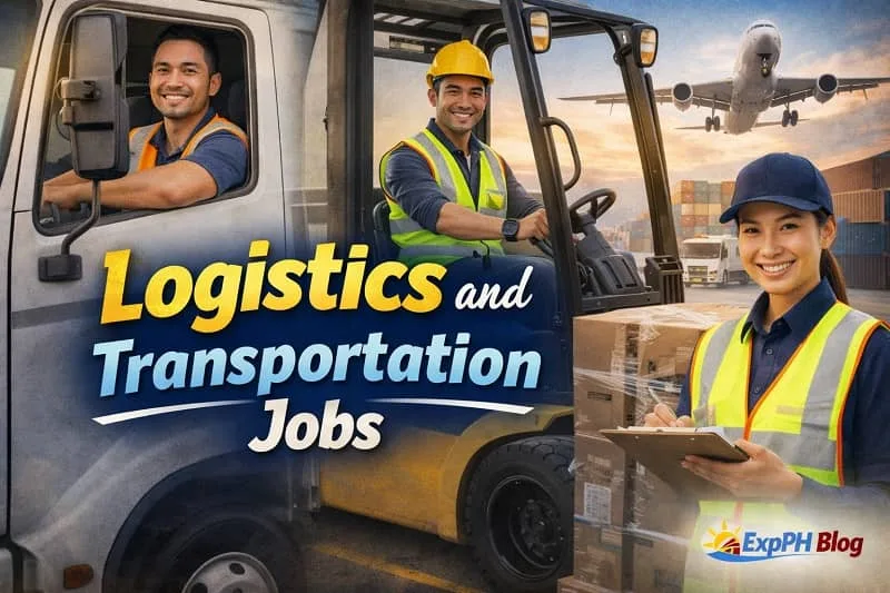 Filipino logistics workers including a truck driver, forklift operator, and warehouse staff managing cargo containers and transportation with ExpPH Blog logo.