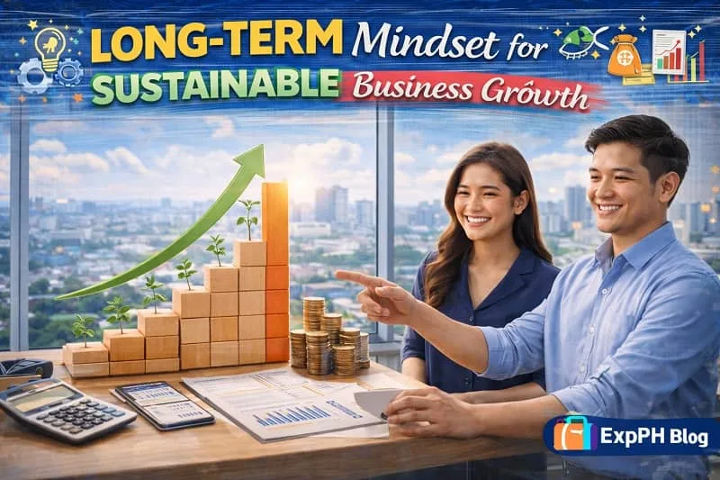 Filipino entrepreneurs reviewing business growth charts and financial plans while discussing long-term strategies, with ExpPH Blog logo.