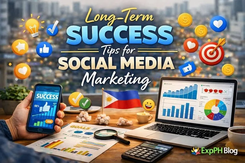A realistic Filipino workspace with a smartphone and laptop showing social media growth analytics, success indicators, charts, and the text “Long-Term Success Tips for Social Media Marketing” with the ExpPH Blog logo.