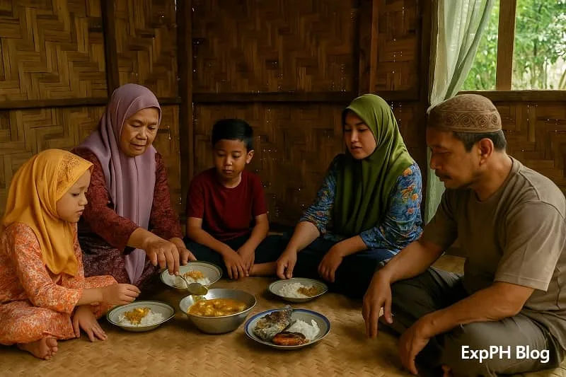 A realistic scene of a Tausug family sharing lunch inside a bamboo stilt home, with a grandmother serving food, children seated beside their parents, and the ExpPH Blog logo included.