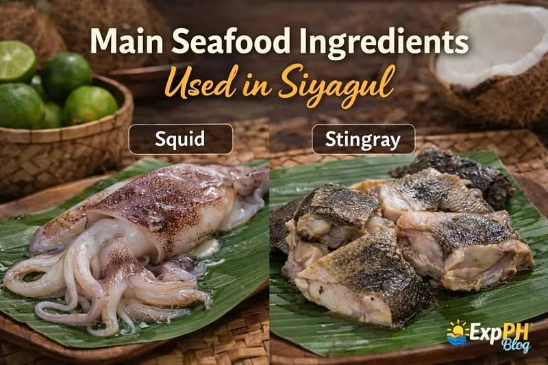 Fresh squid and stingray displayed on banana leaves as the main seafood ingredients used in Siyagul Tausug seafood, presented in a traditional Filipino setting