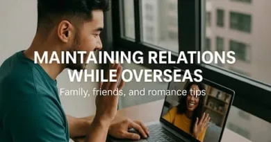 A realistic photo of a man abroad video calling a loved one on his laptop, symbolizing family, friendship, and romantic connection while living overseas.