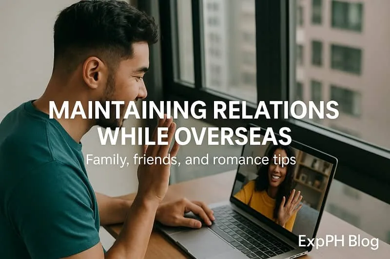 A realistic photo of a man abroad video calling a loved one on his laptop, symbolizing family, friendship, and romantic connection while living overseas.