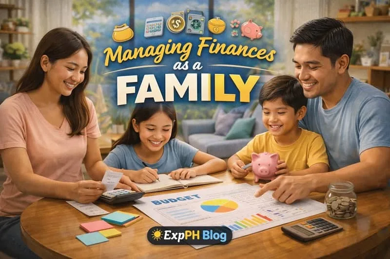 Filipino family managing finances together using a budget sheet, calculator, and piggy bank at home, featuring ExpPH Blog logo