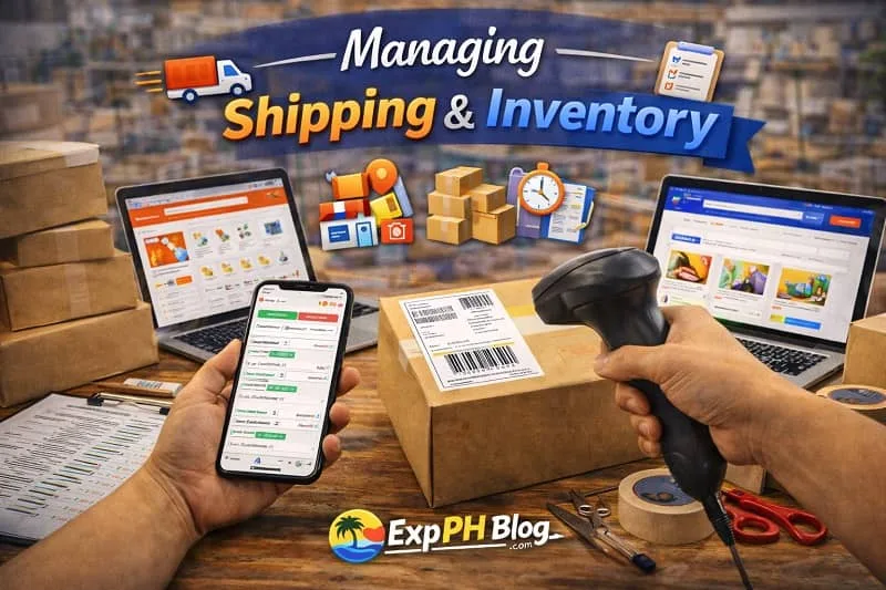Filipino online seller scanning package with barcode scanner while managing shipping and inventory using Shopee and Lazada dashboard with ExpPH Blog logo