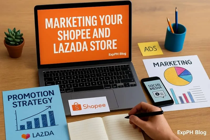 Realistic workspace showing marketing tools for promoting Shopee and Lazada stores
