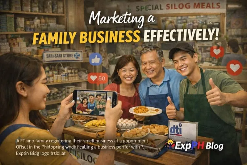 Filipino family promoting their small food business using social media and a smartphone inside a sari sari style shop with ExpPH Blog logo visible