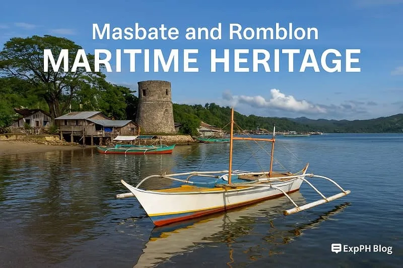A realistic coastal view of Masbate and Romblon showing traditional boats, a historic watchtower, and calm blue waters with the ExpPH Blog logo.