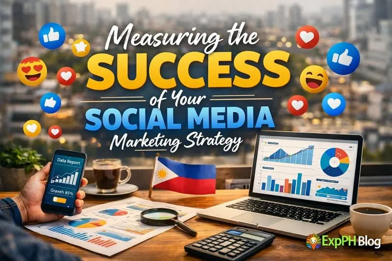 A Filipino-themed workspace showing a laptop and smartphone displaying social media analytics, charts, and growth metrics, with a Philippine flag and the text "Measuring the Success of Your Social Media Marketing Strategy" in bold mixed typography.
