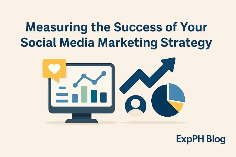 Realistic image showing analytics charts, growth arrows, and engagement icons representing Measuring the Success of Your Social Media Marketing Strategy with a small ExpPH Blog logo.