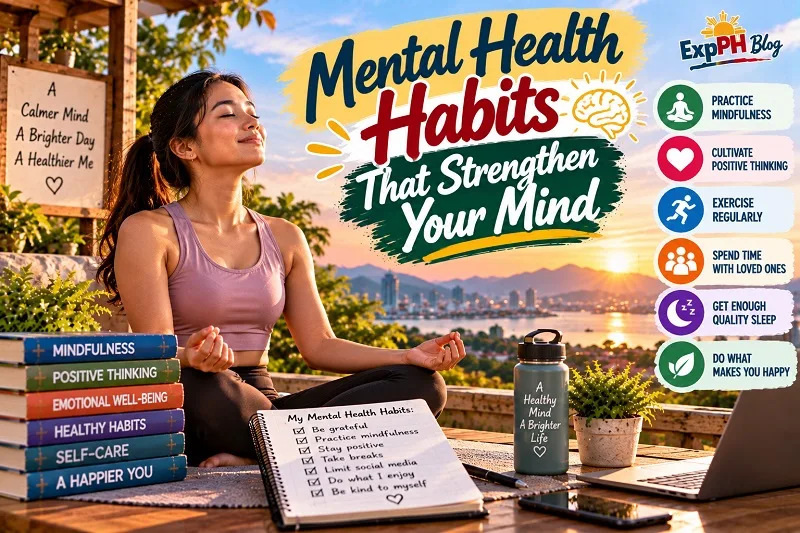 Realistic Filipina woman practicing meditation on a sunny terrace, surrounded by books, plants, and a journal, illustrating mindfulness, positive thinking, exercise, quality sleep, and emotional well-being, with the ExpPH Blog logo.
