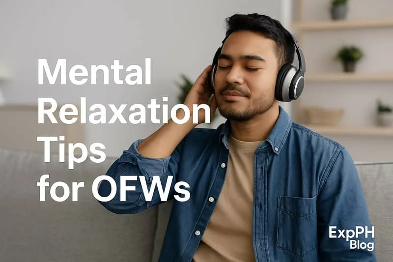 Filipino OFW relaxing at home while listening to music, representing mental relaxation tips for OFWs to reduce stress and improve emotional wellbeing.