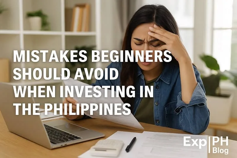 Realistic image of a stressed beginner investor holding documents while sitting at a desk with a laptop, highlighting common mistakes to avoid when investing in the Philippines, with the ExpPH Blog logo included.