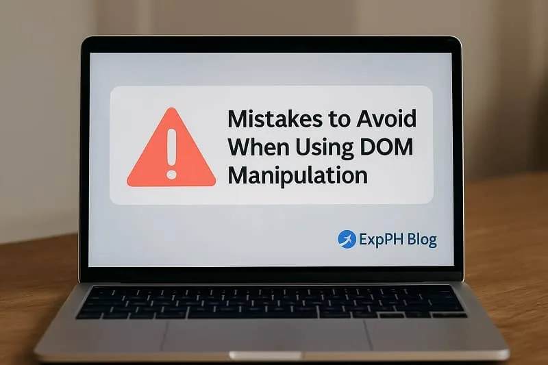 Realistic laptop showing a warning graphic about mistakes in DOM manipulation with ExpPH Blog branding