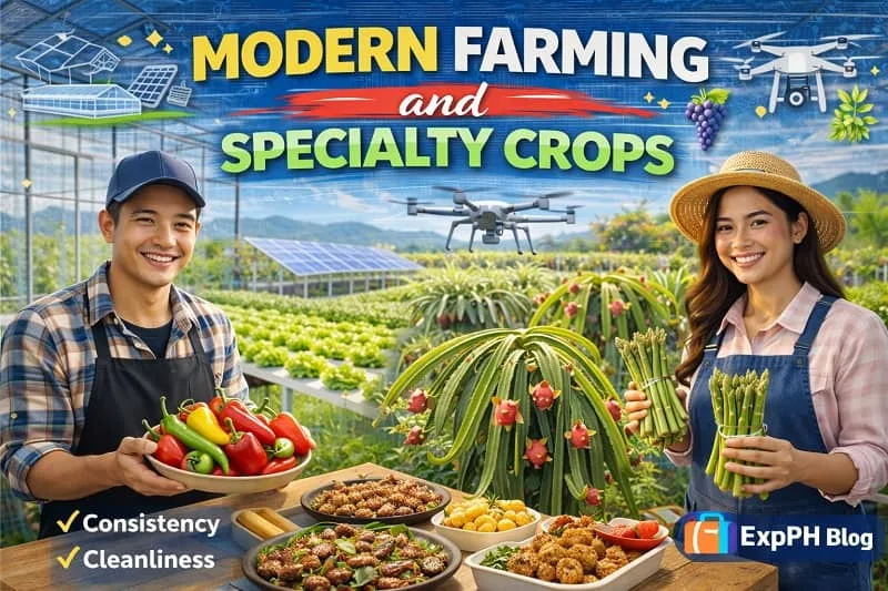 Filipino farmers holding fresh vegetables and specialty crops in a modern farm with greenhouse technology and drone monitoring, with ExpPH Blog logo.