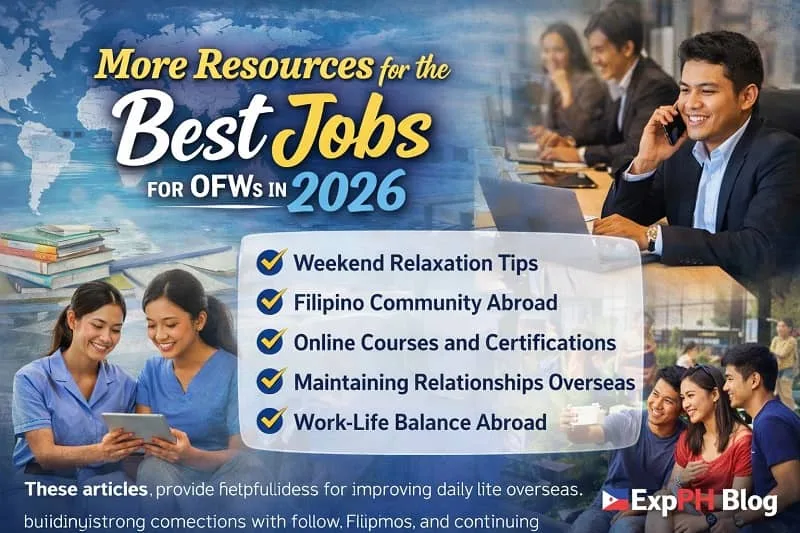 Filipino professionals and OFWs using online resources and learning tools while exploring career opportunities abroad with ExpPH Blog logo.