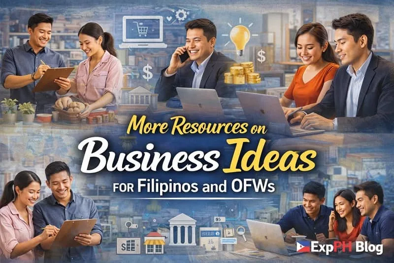 Filipino entrepreneurs and OFWs exploring business ideas using laptops, planning small businesses and financial opportunities with ExpPH Blog logo.