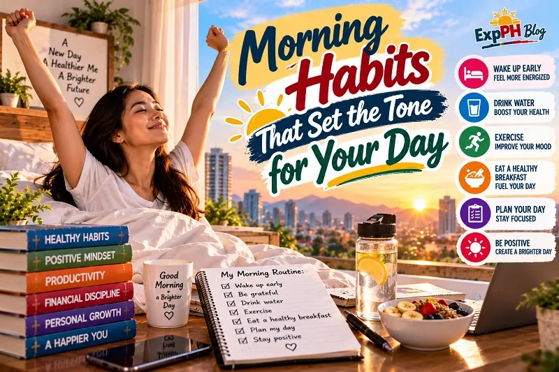 Realistic Filipina woman stretching after waking up in the morning, with a healthy breakfast, water bottle, and daily planner, illustrating healthy morning habits and featuring the ExpPH Blog logo.
