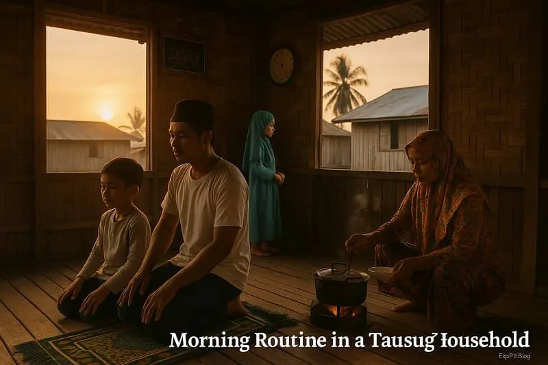 A realistic morning scene inside a traditional Tausug home with a family praying, a mother cooking, and warm sunrise lighting, featuring the ExpPH Blog logo.