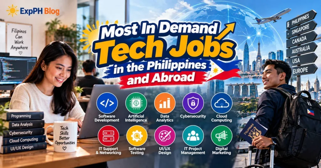 Filipino professionals working in technology, highlighting in-demand careers in software development, AI, data analytics, cybersecurity, cloud computing, and other digital fields.