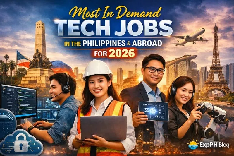 Filipino tech professionals representing in demand tech jobs in the Philippines and abroad for 2026 with ExpPH Blog logo