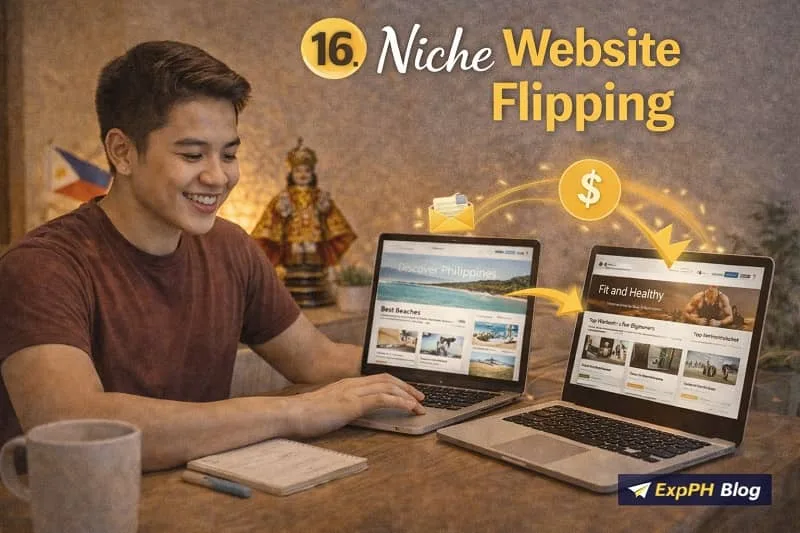 Filipino digital entrepreneur analyzing website analytics on a laptop to buy and sell niche websites for profit, with ExpPH Blog logo
