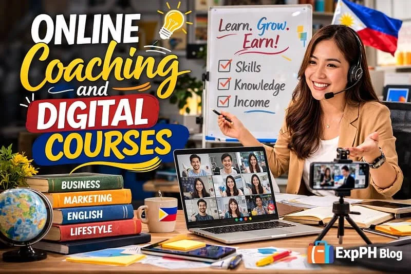 Filipina online coach teaching digital courses through a laptop and camera setup with students on a video call, educational materials on the desk, and ExpPH Blog logo.