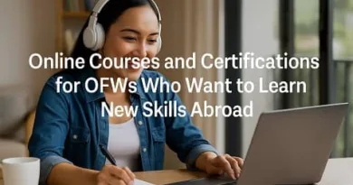 Filipino woman studying online using a laptop and headphones while taking notes at home.