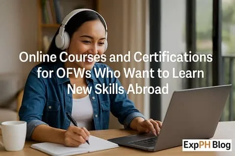 Filipino woman studying online using a laptop and headphones while taking notes at home.