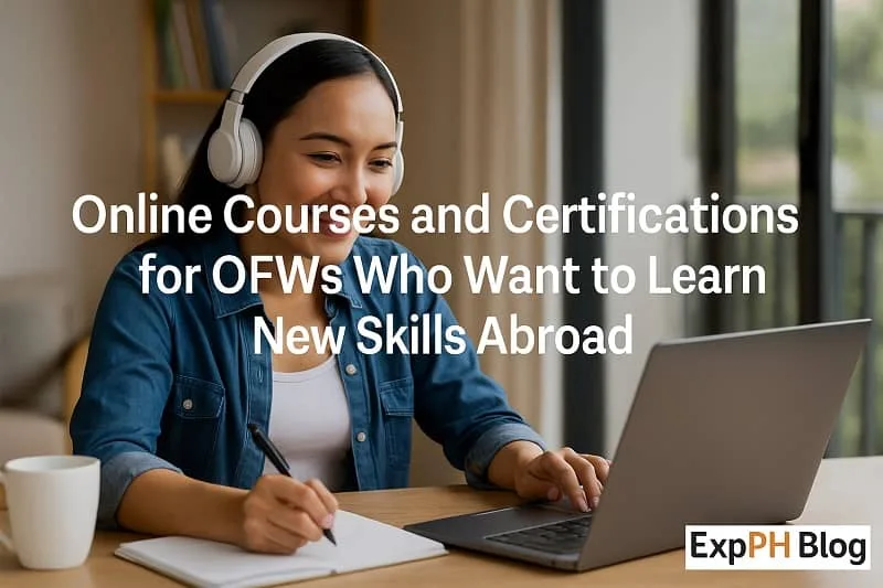 Filipino woman studying online using a laptop and headphones while taking notes at home.
