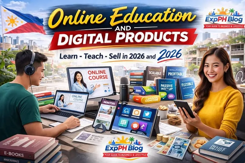 Filipino man attending an online course on a laptop and Filipino woman holding a tablet with digital products displayed, featuring Online Education and Digital Products text and ExpPH Blog logo.