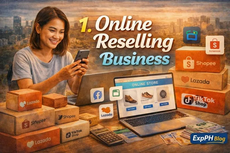 Filipino woman managing an online reselling business using smartphone and laptop with Shopee, Lazada, and TikTok Shop elements, featuring ExpPH Blog logo