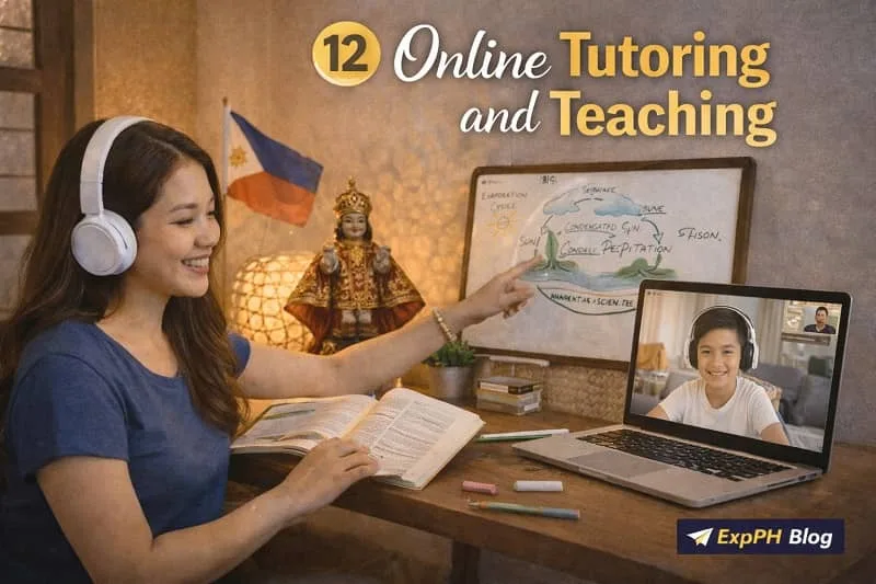 Filipino online tutor teaching a student through a laptop video call with educational materials and digital learning icons, with ExpPH Blog logo