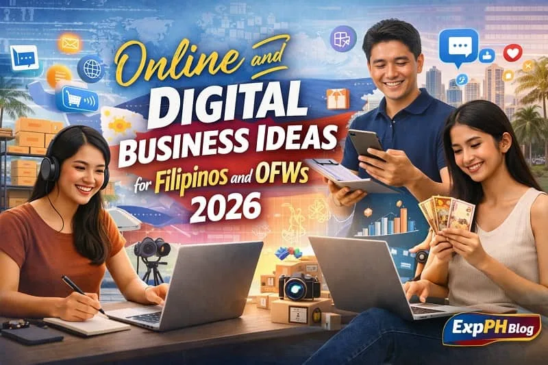 Realistic image showing Filipinos and OFWs working online through freelancing, e commerce, content creation, and digital tools representing online and digital business ideas in 2026