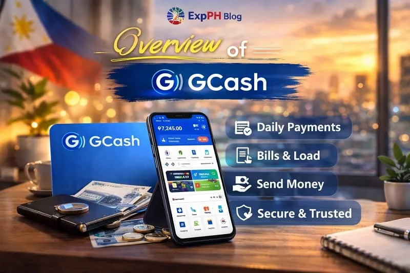 Overview of GCash mobile wallet showing features like daily payments, bills and load, send money, and secure digital banking for Filipino users.