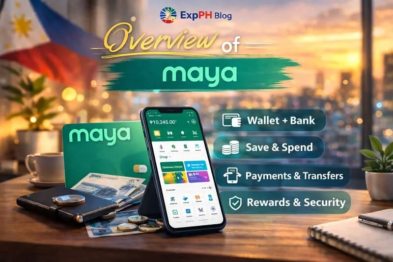 Overview of Maya digital banking app showing wallet and bank features including payments, transfers, savings, and rewards for Filipino users.