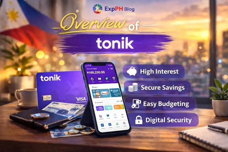Overview of Tonik digital bank showing high interest savings, secure deposits, budgeting tools, and mobile banking features for Filipino users.