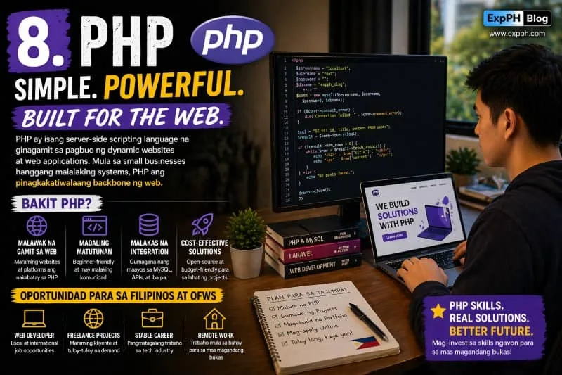 A Filipino developer coding PHP on a laptop with website development visuals, featuring bold mixed-font typography and ExpPH Blog logo.