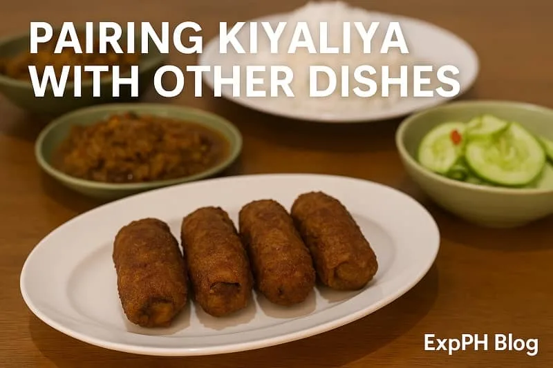 A realistic plate of Kiyaliya served with rice, cucumber salad, and side dishes, shown with the ExpPH Blog logo for a food pairing presentation.