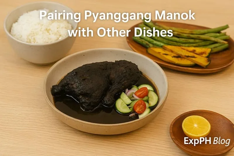A realistic serving of Pyanggang Manok paired with rice, grilled vegetables, salad, and the ExpPH Blog logo.