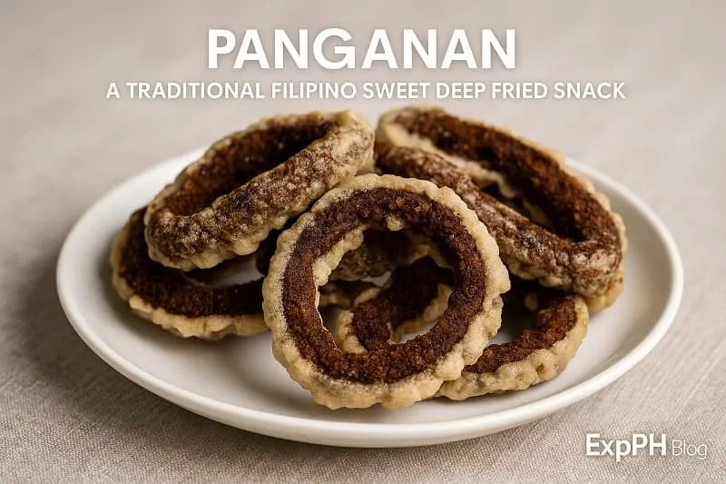 Traditional Filipino Panganan deep fried sweet snack made from corn and coconut, displayed on a plate with ExpPH Blog logo.