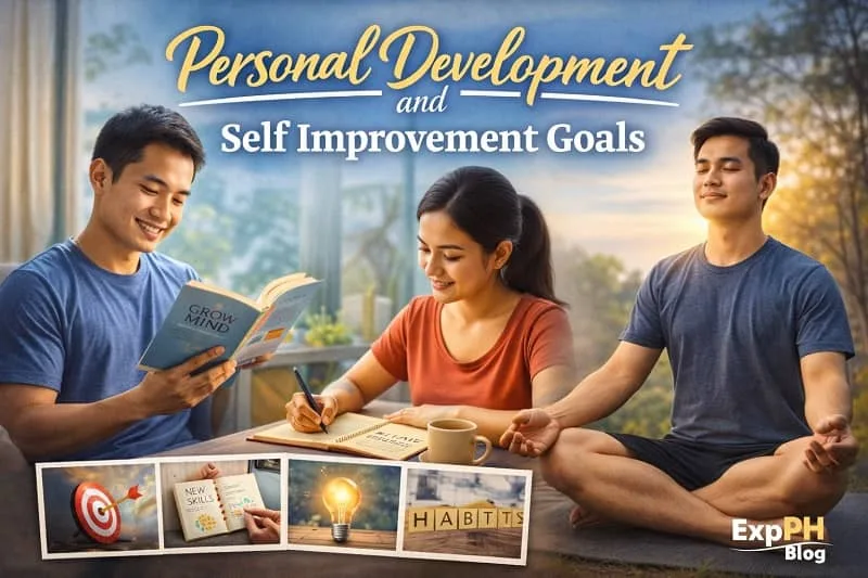 Filipino individuals focusing on personal development and self improvement goals through reading, journaling, and meditation, with ExpPH Blog logo in a realistic lifestyle setting