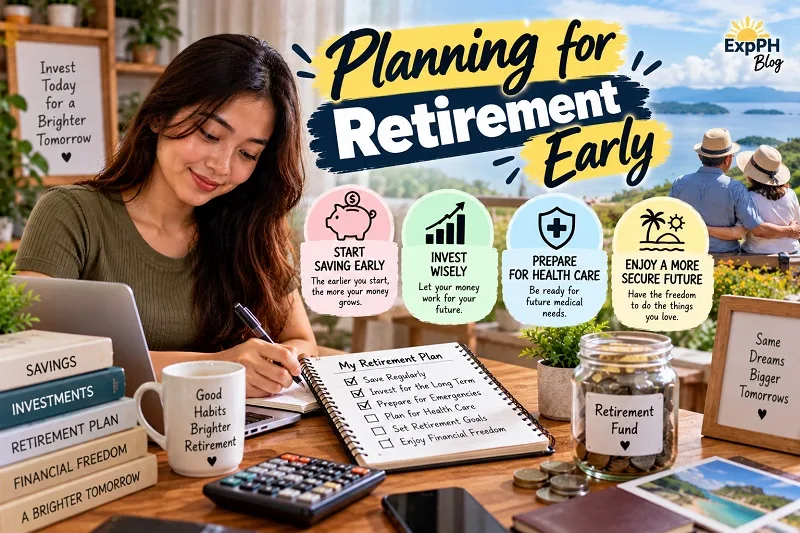 Filipina woman creating a retirement savings plan at a desk with a laptop, calculator, notebook, financial books, and a coin-filled retirement fund jar, with an older Filipino couple enjoying a seaside view in the background.
