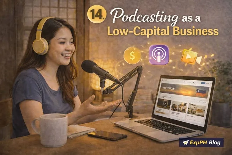 Filipino podcaster recording a podcast at home using a microphone and laptop with digital icons for audio, content, and monetization, with ExpPH Blog logo