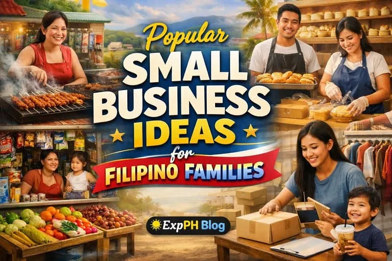 Filipino families running small businesses such as a sari-sari store, street food stall, bakery, vegetable stand, and online selling with packaging, featuring ExpPH Blog logo