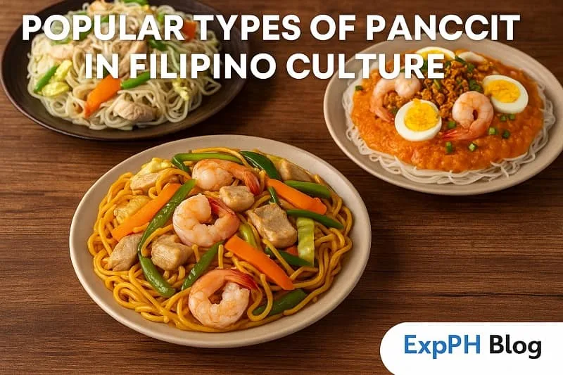 Three realistic Filipino pancit dishes including pancit canton, pancit bihon, and pancit palabok on a wooden table with the ExpPH Blog logo.